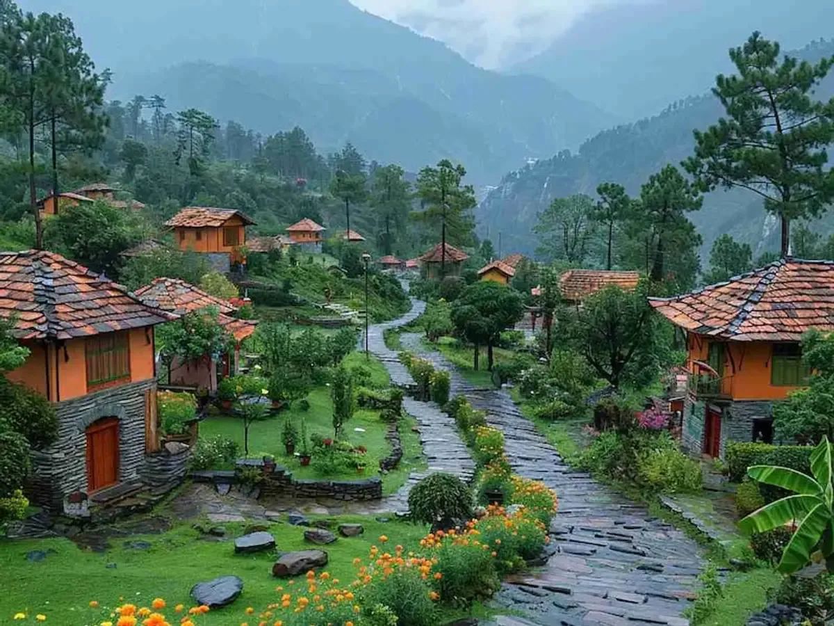 A slate path curving between tile-roofed cottages and marigold beds, with wooded ridges standing behind the village.