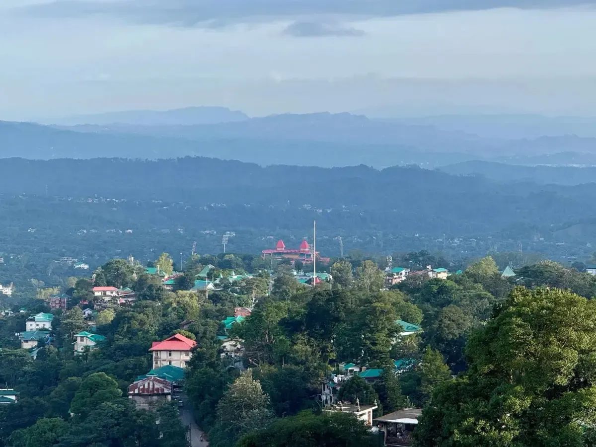 Dharamshala town spread across the hillside below the Dhauladhar, seen from higher up the ridge with the valley falling away behind it.
