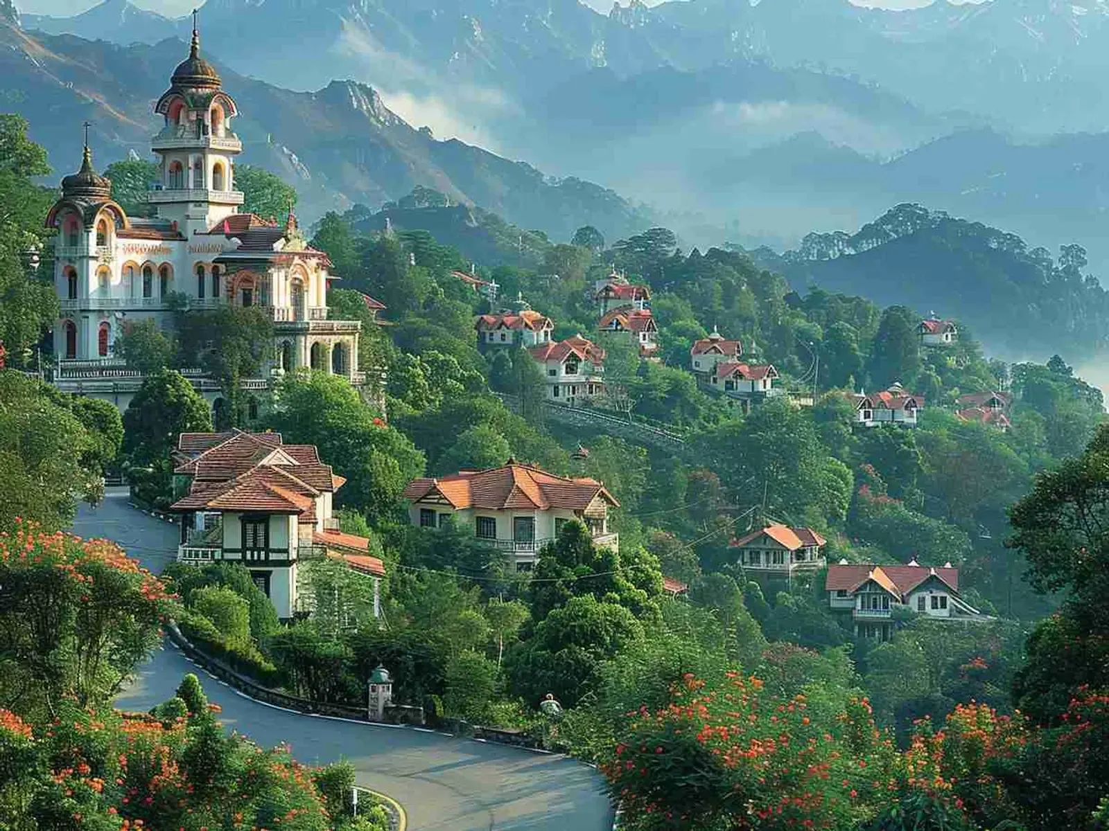 A stone church with a spire standing among trees on a green hillside, cloud coming down over the slope behind it.